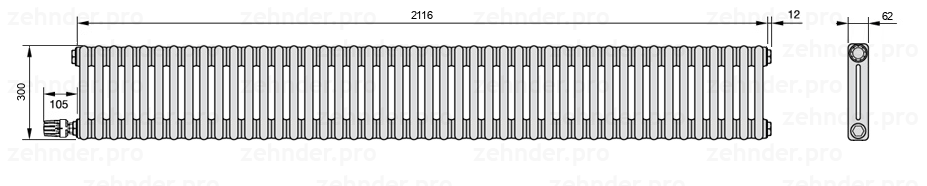 Схема (чертеж) Радиатор Zehnder Charleston 2030/46 №V003 Белый глянцевый RAL 9016